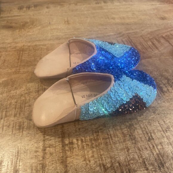 Le Toit de La Lune Handmade Leather Slippers Girls Size 8 Sequins Blue - Picture 5 of 10